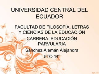UNIVERSIDAD CENTRAL DEL
ECUADOR
FACULTAD DE FILOSOFÍA, LETRAS
Y CIENCIAS DE LA EDUCACIÓN
CARRERA: EDUCACIÓN
PARVULARIA
Sánchez Alemán Alejandra
5TO “B”
 