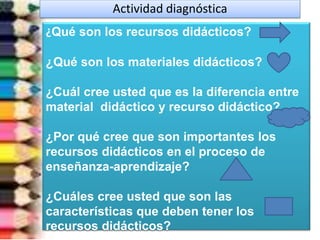 ¿Qué son los recursos didácticos?
¿Qué son los materiales didácticos?
¿Cuál cree usted que es la diferencia entre
material didáctico y recurso didáctico?
¿Por qué cree que son importantes los
recursos didácticos en el proceso de
enseñanza-aprendizaje?
¿Cuáles cree usted que son las
características que deben tener los
recursos didácticos?
Actividad diagnóstica
 