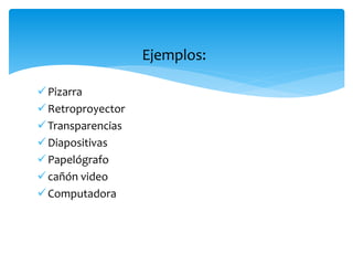 Pizarra
Retroproyector
Transparencias
Diapositivas
Papelógrafo
cañón video
Computadora
Ejemplos:
 