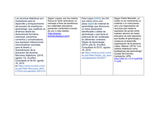 Los recursos didácticos son
mediadores para el
desarrollo y enriquecimiento
del proceso de enseñanza -
aprendizaje, que cualifican su
dinámica desde las
dimensiones formativa,
individual, preventiva,
correctiva y compensatoria,
que expresan interacciones
comunicativas concretas
para el diseño y
diversificación de la
actuación del docente.
Recursos didácticos. (2019,
agosto 13). EcuRed, .
Consultado el 04:50, agosto
16, 2019
en https://www.ecured.cu/ind
ex.php?title=Recursos_did%
C3%A1cticos&oldid=3501215
.
Según Loayza, son los medios
físicos en tanto vehiculizan un
mensaje a fines de enseñanza:
los materiales educativos
presentan contenidos a través
de uno o más medios.
(http://brendy-
brenda.blogspot.com/)
Para López (2005), los OA
son vistos como una
pieza digital de material de
aprendizaje que direcciona
un tema claramente
identificable o salida de
aprendizaje y que tiene el
potencial de ser reutilizado
en diferentes contextos.
Objeto de Aprendizaje.
(2019, julio 6). EcuRed, .
Consultado el 03:57, agosto
16, 2019
en https://www.ecured.cu/ind
ex.php?title=Objeto_de_Apre
ndizaje&oldid=3443457.
Según Patrie Meredith, un
medio no es meramente un
material o un instrumento,
sino una organización de
recursos que medía la
expresión de acción entre
maestro alumno (el medio
educativo es todo elemento
que facilita el aprendizaje y
coadyuva al desarrollo
organización de la persona.
López, Marisol. (2014) “Los
medios didácticos como
facilitadores del aprendizaje”.
Ciudad del Carmen,
Campeche: UPN.
(http://200.23.113.51/pdf/306
71.pdf)
 