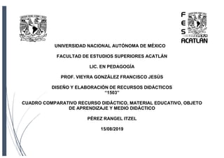 UNIVERSIDAD NACIONAL AUTÓNOMA DE MÉXICO
FACULTAD DE ESTUDIOS SUPERIORES ACATLÁN
LIC. EN PEDAGOGÍA
PROF. VIEYRA GONZÁLEZ FRANCISCO JESÚS
DISEÑO Y ELABORACIÓN DE RECURSOS DIDÁCTICOS
“1503”
CUADRO COMPARATIVO RECURSO DIDÁCTICO, MATERIAL EDUCATIVO, OBJETO
DE APRENDIZAJE Y MEDIO DIDÁCTICO
PÉREZ RANGEL ITZEL
15/08/2019
 