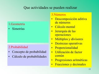 Que actividades se pueden realizar
1.Geometría
• Simetrías
2.Probabilidad
• Concepto de probabilidad
• Cálculo de probabilidades
3.Números
• Descomposición aditiva
de números
• Cálculo mental
• Jerarquía de las
operaciones
• Múltiplos y divisores
• Destrezas operativas
• Proporcionalidad
• Utilización de factor
común
• Progresiones aritméticas
• Fracciones y decimales
13
 