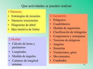 Que actividades se pueden realizar
1.Números
• Estrategias de recuento
• Números irracionales
• Diagramas de árbol
• Idea intuitiva de límite
2.Medida
• Cálculo de áreas y
perímetros
• Longitudes
• Medida de ángulos
• Caminos de longitud
mínima
3. Geometría
• Polígonos
• Cuadriláteros
• Medida de segmentos
• Clasificación de triángulos
• Congruencia y semejanza
• Teorema de pitágoras
• Angulos
• Simetrías
• Traslaciones, giros
• Movimientos
• Cuadrados
16
 