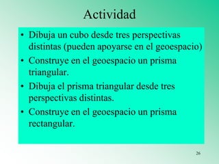 Actividad
• Dibuja un cubo desde tres perspectivas
distintas (pueden apoyarse en el geoespacio)
• Construye en el geoespacio un prisma
triangular.
• Dibuja el prisma triangular desde tres
perspectivas distintas.
• Construye en el geoespacio un prisma
rectangular.
26
 