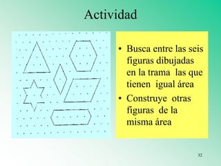 Actividad
• Busca entre las seis
figuras dibujadas
en la trama las que
tienen igual área
• Construye otras
figuras de la
misma área
32
 