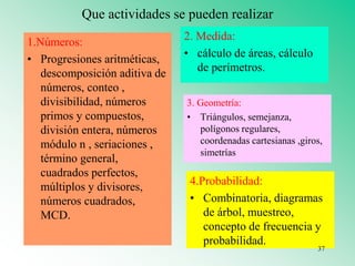Que actividades se pueden realizar
1.Números:
• Progresiones aritméticas,
descomposición aditiva de
números, conteo ,
divisibilidad, números
primos y compuestos,
división entera, números
módulo n , seriaciones ,
término general,
cuadrados perfectos,
múltiplos y divisores,
números cuadrados,
MCD.
2. Medida:
• cálculo de áreas, cálculo
de perímetros.
3. Geometría:
• Triángulos, semejanza,
polígonos regulares,
coordenadas cartesianas ,giros,
simetrías
4.Probabilidad:
• Combinatoria, diagramas
de árbol, muestreo,
concepto de frecuencia y
probabilidad.
37
 