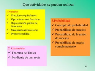 Que actividades se pueden realizar
1.Números
 Fracciones equivalentes
 Operaciones con fracciones
 Represntación gráfica de
fracciones
 Ordenación de fracciones
 Proporcionalidad
3.Probabilidad
 Concepto de probabilidad
 Probabilidad de sucesos
 Probabilidad de la unión
de sucesos
 Probabilidad de suceso
complementario
2. Geometría
 Teorema de Thales
 Pendiente de una recta
40
 