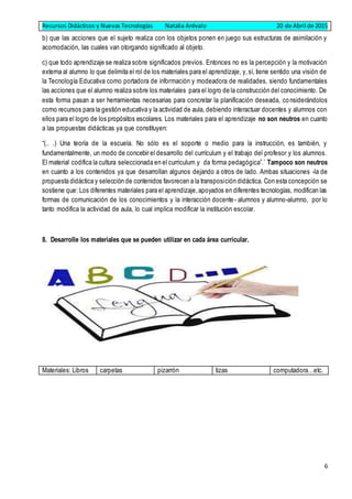 Recursos Didácticos y Nuevas Tecnologías Natalia Arévalo 20 de Abril de 2015
6
b) que las acciones que el sujeto realiza con los objetos ponen en juego sus estructuras de asimilación y
acomodación, las cuales van otorgando significado al objeto.
c) que todo aprendizaje se realiza sobre significados previos. Entonces no es la percepción y la motivación
externa al alumno lo que delimita el rol de los materiales para el aprendizaje, y,sí, tiene sentido una visión de
la Tecnología Educativa como portadora de información y modeadora de realidades, siendo fundamentales
las acciones que el alumno realiza sobre los materiales para el logro de la construcción del conocimiento. De
esta forma pasan a ser herramientas necesarias para concretar la planificación deseada, considerándolos
como recursos para la gestión educativa y la actividad de aula, debiendo interactuar docentes y alumnos con
ellos para el logro de los propósitos escolares. Los materiales para el aprendizaje no son neutros en cuanto
a las propuestas didácticas ya que constituyen:
“(.. .) Una teoría de la escuela. No sólo es el soporte o medio para la instrucción, es también, y
fundamentalmente, un modo de concebir el desarrollo del currículum y el trabajo del profesor y los alumnos.
El material codifica la cultura seleccionada en el curriculum y da forma pedagógica”.’ Tampoco son neutros
en cuanto a los contenidos ya que desarrollan algunos dejando a otros de lado. Ambas situaciones -la de
propuesta didáctica y selección de contenidos favorecen a la transposición didáctica. Con esta concepción se
sostiene que: Los diferentes materiales para el aprendizaje,apoyados en diferentes tecnologías, modifican las
formas de comunicación de los conocimientos y la interacción docente- alumnos y alumno-alumno, por lo
tanto modifica la actividad de aula, lo cual implica modificar la institución escolar.
8. Desarrolle los materiales que se pueden utilizar en cada área curricular.
Materiales: Libros carpetas pizarrón tizas computadora…etc.
 