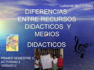 Catherine GUTIERREZ

          DIFERENCIAS
        ENTRE RECURSOS
          DIDACTICOS Y
             MEDIOS
             DIDACTICOS

PRIMER SEMESTRE C
ACTIVIDAD 2
10/09/2012
 