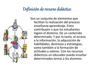 Definición de recurso didáctico
Son un conjunto de elementos que
facilitan la realización del proceso
enseñanza-aprendizaje. Estos
contribuyen a que los estudiantes
logren el dominio. De un contenido
determinado. Y por lo tanto, el acceso
a la información, la adquisición de
habilidades, destrezas y estrategias,
como también a la formación de
actitudes y valores. Con los recursos
didácticos un educador puede enseñar
determinados temas a los alumnos.
 
