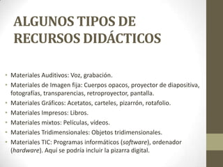 ALGUNOS TIPOS DE
RECURSOS DIDÁCTICOS
• Materiales Auditivos: Voz, grabación.
• Materiales de Imagen fija: Cuerpos opacos, proyector de diapositiva,
fotografías, transparencias, retroproyector, pantalla.
• Materiales Gráficos: Acetatos, carteles, pizarrón, rotafolio.
• Materiales Impresos: Libros.
• Materiales mixtos: Películas, vídeos.
• Materiales Tridimensionales: Objetos tridimensionales.
• Materiales TIC: Programas informáticos (software), ordenador
(hardware). Aquí se podría incluir la pizarra digital.

 