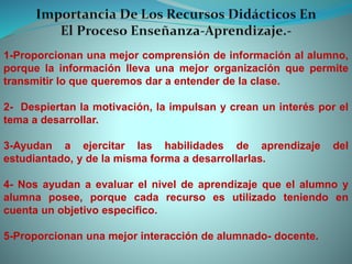 1-Proporcionan una mejor comprensión de información al alumno,
porque la información lleva una mejor organización que permite
transmitir lo que queremos dar a entender de la clase.
2- Despiertan la motivación, la impulsan y crean un interés por el
tema a desarrollar.
3-Ayudan a ejercitar las habilidades de aprendizaje del
estudiantado, y de la misma forma a desarrollarlas.
4- Nos ayudan a evaluar el nivel de aprendizaje que el alumno y
alumna posee, porque cada recurso es utilizado teniendo en
cuenta un objetivo especifico.
5-Proporcionan una mejor interacción de alumnado- docente.
 