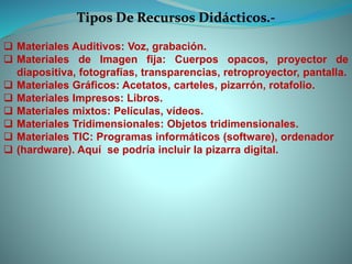  Materiales Auditivos: Voz, grabación.
 Materiales de Imagen fija: Cuerpos opacos, proyector de
diapositiva, fotografías, transparencias, retroproyector, pantalla.
 Materiales Gráficos: Acetatos, carteles, pizarrón, rotafolio.
 Materiales Impresos: Libros.
 Materiales mixtos: Películas, vídeos.
 Materiales Tridimensionales: Objetos tridimensionales.
 Materiales TIC: Programas informáticos (software), ordenador
 (hardware). Aquí se podría incluir la pizarra digital.
Tipos De Recursos Didácticos.-
 