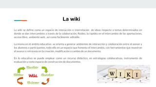 La wiki
La wiki se define como un espacio de interacción e interrelación de ideas respecto a temas determinados en
donde se dan intercambios a través de la colaboración, fluidez, la rapidez en el intercambio de las aportaciones,
acceso libre, ambiente web , así como fácilmente editable.
La misma en el ámbito educativo se orienta a generar ambientes de interacción y colaboración entre el asesor y
los alumnos o participantes, todo ello en un espacio que fomenta el intercambio, con herramientas que muestran
el avance o retroceso en la creación, modificación o cambio de un documento.
En lo educativo se puede emplear como un recurso didáctico, en estrategias colaborativas, instrumento de
evaluación y como espacio de construcción de documentos.
 