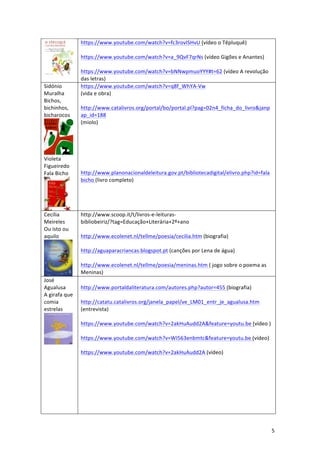 5	
	
https://www.youtube.com/watch?v=fc3rovISHvU	(vídeo	o	Têpluquê)	
	
https://www.youtube.com/watch?v=a_9QvF7qrNs	(vídeo	Gigões	e	Anantes)	
	
https://www.youtube.com/watch?v=bNNwpmuoYYY#t=62	(vídeo	A	revolução	
das	letras)	
Sidónio	
Muralha	
Bichos,	
bichinhos,	
bicharocos	
	
Violeta	
Figueiredo	
Fala	Bicho
	
https://www.youtube.com/watch?v=q8f_WhYA-Vw		
(vida	e	obra)	
	
http://www.catalivros.org/portal/bo/portal.pl?pag=02n4_ficha_do_livro&janp
ap_id=188		
(miolo)	
	
	
	
	
	
	
http://www.planonacionaldeleitura.gov.pt/bibliotecadigital/elivro.php?id=fala
bicho	(livro	completo)	
	
Cecília	
Meireles	
Ou	isto	ou	
aquilo
		
http://www.scoop.it/t/livros-e-leituras-
bibliobeiriz/?tag=Educação+Literária+2º+ano	
	
http://www.ecolenet.nl/tellme/poesia/cecilia.htm	(biografia)	
	
http://aguaparacriancas.blogspot.pt	(canções	por	Lena	de	água)	
	
http://www.ecolenet.nl/tellme/poesia/meninas.htm	(	jogo	sobre	o	poema	as	
Meninas)	
José	
Agualusa	
A	girafa	que	
comia	
estrelas	
	
	
	
	
	
	
	
	
	
	
	
http://www.portaldaliteratura.com/autores.php?autor=455	(biografia)	
	
http://catatu.catalivros.org/janela_papel/ve_LM01_entr_je_agualusa.htm	
(entrevista)	
	
https://www.youtube.com/watch?v=2akHuAudd2A&feature=youtu.be	(vídeo	)	
	
https://www.youtube.com/watch?v=WI563enbmtc&feature=youtu.be	(vídeo)	
	
https://www.youtube.com/watch?v=2akHuAudd2A	(vídeo)	
	
	
	
	
	
	
	
	
 