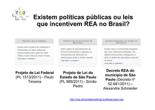 Existem políticas públicas ou leisExistem políticas públicas ou leis
que incentivem REA no Brasil?que incentivem REA no Brasil?
http://rea.net.br/site/politicas-publicas-para-rea/
Projeto de Lei Federal
(PL 1513/2011) - Paulo
Teixeira
Projeto de Lei do
Estado de São Paulo
(PL 989/2011) - Simão
Pedro
Decreto REA do
município de São
Paulo (Decreto nº
52.681/2011) –
Alexandre Schneider
 