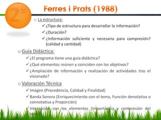 o La estructura:
            ¿Tipo de estructura para desarrollar la información?
            ¿Duración?
            ¿Información suficiente y necesaria para compresión?
             (calidad y cantidad)
o Guía Didáctica:
    ¿El programa tiene una guía didáctica?
    ¿Qué elementos reúnen y coinciden con los objetivos?
    ¿Ampliación de información y realización de actividades tras el
     visionado?
o Valoración Técnica
    Imagen (Procedencia, Calidad y Finalidad)
    Banda Sonora (Enriquecimiento con el tema, Función denotativa o
     connotativa y Proporción)
    Interacción con los elementos (Importancia y compresión del
     tema).
 