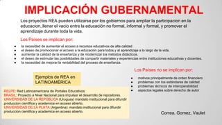 IMPLICACIÓN GUBERNAMENTAL
Los proyectos REA pueden utilizarse por los gobiernos para ampliar la participacion en la
educacion, llenar el vacio entre la educación no formal, informal y formal, y promover el
aprendizaje durante toda la vida.
Los Países se implican por:
● la necesidad de aumentar el acceso a recursos educativos de alta calidad
● el deseo de promocionar el acceso a la educación para todos y al aprendizaje a lo largo de la vida.
● aumentar la calidad de la enseñanza y de modernizar los métodos didácticos.
● el deseo de estimular las posibilidades de compartir materiales y experiencias entre instituciones educativas y docentes.
● la necesidad de mejorar la rentabilidad del proceso de enseñanza.
Los Países no se implican por:
● motivos principalmente de orden financiero
● problemas con los estándares de calidad
● problemas técnicos de interoperabilidad
● aspectos legales sobre derecho de autor
Ejemplos de REA en
LATINOAMÉRICA
RELPE: Red Latinoamericana de Portales Educativos
BRASIL: Proyecto a Nivel Nacional para impulsar el desarrollo de repositores.
UNIVERSIDAD DE LA REPÚBLICA (Uruguay) mandato institucional para difundir
produccion cientifica y academica en acceso abierto.
UNIVERSIDAD DE LA PLATA (Argentina): mandato institucional para difundir
produccion cientifica y academica en acceso abierto.
Correa, Gomez, Vaulet
 