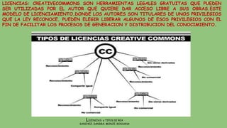 LICENCIAS: CREATIVECOMMONS SON HERRAMIENTAS LEGALES GRATUITAS QUE PUEDEN
SER UTILIZADAS POR EL AUTOR QUE QUIERE DAR ACCESO LIBRE A SUS OBRAS.ESTE
MODELO DE LICENCIAMIENTO,DONDE LOS AUTORES SON TITULARES DE UNOS PRIVILEGIOS
QUE LA LEY RECONOCE, PUEDEN ELEGIR LIBERAR ALGUNOS DE ESOS PRIVILEGIOS CON EL
FIN DE FACILITAR LOS PROCESOS DE GENERACION Y DISTRIBUCION DEL CONOCIMIENTO.
LICENCIAS y TIPOS DE REA
SANCHEZ, SANDRA; MONJE, ROSSANA
 
