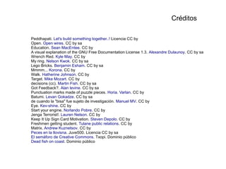 Créditos 
Peddhapati. Let's build something together..! Licencia CC by 
Open. Open wires. CC by sa 
Education. Sean MacEntee. CC by 
A visual explanation of the GNU Free Documentation License 1.3. Alexandre Dulaunoy. CC by sa 
Wrench Red. Kyle May. CC by 
My ring. Nelson Kwok. CC by sa 
Lego Bricks. Benjamin Esham. CC by sa 
Mmmm... Korona. CC by 
Walk. Hatherine Johnson. CC by 
Target. Mike Mozart. CC by 
decisions (cc). Martin Fish. CC by sa 
Got Feedback?. Alan levine. CC by sa 
Punctuation marks made of puzzle pieces. Horia. Varlan. CC by 
Batumi. Levan Gokadze. CC by sa 
de cuando la "bisa" fue sujeto de investigación. Manuel MV. CC by 
Eye. Kev-shine. CC by 
Start your engine. Norlando Pobre. CC by 
Jenga Terrorist!. Lauren Nelson. CC by 
Keep It Up Sign Card Motivation. Steven Depolo. CC by 
Freshmen getting student. Tulane public relations. CC by 
Matrix. Andrew Kuznetsov. CC by 
Peces en la llovisna. Juve500. Licencia CC by sa 
El semáforo de Creative Commons. Txopi. Dominio público 
Dead fish on coast. Dominio público 
 