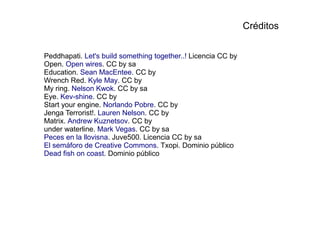 Peddhapati. Let's build something together..! Licencia CC by
Open. Open wires. CC by sa
Education. Sean MacEntee. CC by
Wrench Red. Kyle May. CC by
My ring. Nelson Kwok. CC by sa
Eye. Kev-shine. CC by
Start your engine. Norlando Pobre. CC by
Jenga Terrorist!. Lauren Nelson. CC by
Matrix. Andrew Kuznetsov. CC by
under waterline. Mark Vegas. CC by sa
Peces en la llovisna. Juve500. Licencia CC by sa
El semáforo de Creative Commons. Txopi. Dominio público
Dead fish on coast. Dominio público
Créditos
 