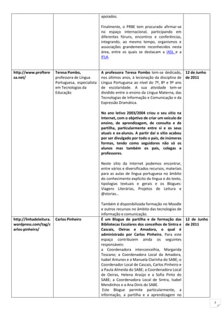 apoiados.

                                                    Finalmente, o PRBE tem procurado afirmar-se
                                                    no espaço internacional, participando em
                                                    diferentes fóruns, encontros e conferências,
                                                    integrando, ao mesmo tempo, organismos e
                                                    associações grandemente reconhecidos nesta
                                                    área, entre os quais se destacam a IASL e a
                                                    IFLA.


http://www.proftere      Teresa Pombo,              A professora Teresa Pombo tem-se dedicado, 12 de Junho
sa.net/                  professora de Língua       nos últimos anos, à lecionação da disciplina de de 2011
                         Portuguesa, especialista   Língua Portuguesa ao nível do 7º, 8º e 9º ano
                         em Tecnologias da          de escolaridade. A sua atividade tem-se
                         Educação                   dividido entre o ensino da Língua Materna, das
                                                    Tecnologias de Informação e Comunicação e da
                                                    Expressão Dramática.

                                                    No ano letivo 2003/2004 criou o seu sítio na
                                                    Internet, com o objetivo de criar um veículo de
                                                    ensino, de aprendizagem, de consulta e de
                                                    partilha, particularmente entre si e os seus
                                                    atuais e ex-alunos. A partir daí o sítio acabou
                                                    por ser divulgado por todo o país, de inúmeras
                                                    formas, tendo como seguidores não só os
                                                    alunos mas também os pais, colegas e
                                                    professores.

                                                    Neste sítio da Internet podemos encontrar,
                                                    entre vários e diversificados recursos, materiais
                                                    para as aulas de língua portuguesa no âmbito
                                                    do conhecimento explícito da língua e do texto,
                                                    tipologias textuais e gerais e os Blogues:
                                                    Viagens Literárias, Projetos de Leitura e
                                                    @storias…

                                                    Também é disponibilizada formação no Moodle
                                                    e outros recursos no âmbito das tecnologias de
                                                    informação e comunicação.
http://linhadeleitura.   Carlos Pinheiro            É um Blogue de partilha e de formação das 12 de Junho
wordpress.com/tag/c                                 Bibliotecas Escolares dos concelhos de Sintra e de 2011
arlos-pinheiro/                                     Cascais, Oeiras e Amadora, o qual é
                                                    administrado por Carlos Pinheiro. Para este
                                                    espaço contribuiem ainda os seguintes
                                                    responsáveis:
                                                    a Coordenadora interconcelhia, Margarida
                                                    Toscano; a Coordenadora Local da Amadora,
                                                    Isabel Antunes e a Manuela Clarinha do SABE; o
                                                    Coordenador Local de Cascais, Carlos Pinheiro e
                                                    a Paula Almeida do SABE; a Coordenadora Local
                                                    de Oeiras, Helena Araújo e a Sofia Pinto do
                                                    SABE; a Coordenadora Local de Sintra, Isabel
                                                    Mendinhos e a Ana Dinis do SABE.
                                                     Este Blogue permite particularmente, a
                                                    informação, a partilha e a aprendizagem no
                                                                                                              2
 