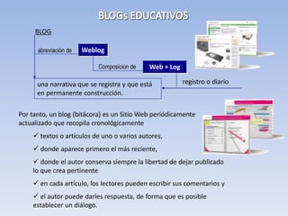 BLOG

      abreviación de   Weblog

                           Composicion de    Web + Log

      una narrativa que se registra y que está           registro o diario
      en permanente construcción.

Por tanto, un blog (bitácora) es un Sitio Web periódicamente
actualizado que recopila cronológicamente
     textos o artículos de uno o varios autores,
     donde aparece primero el más reciente,
     donde el autor conserva siempre la libertad de dejar publicado
    lo que crea pertinente
     en cada artículo, los lectores pueden escribir sus comentarios y
     el autor puede darles respuesta, de forma que es posible
    establecer un diálogo.
 
