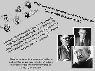 “dado un conjunto de N personas, ¿cuál es la
probabilidad de que cada miembro de estos N
 estén conectados con otro miembro vía k1,
           k2, k3, ... , kN enlaces?".
 