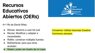 Recursos
Educativos
Abiertos (OERs)
4+1 Rs de David Wiley
● ReUse: derecho a usar tal cual
● Revise: Modificar y adaptar a
necesidades
● ReMix: combinar múltiples fuentes
● ReDistribute: para que otros
accedan
● Retain: poder ser dueño de mi copia
Consenso: Utilizar licencias Creative
Commons siempre.
 