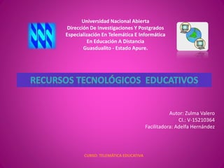 Universidad Nacional Abierta
Dirección De Investigaciones Y Postgrados
Especialización En Telemática E Informática
En Educación A Distancia
Guasdualito - Estado Apure.
Autor: Zulma Valero
CI.: V-15210364
Facilitadora: Adelfa Hernández
CURSO: TELEMÁTICA EDUCATIVA
 