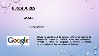 BUSCADORES
GOOGLE
www.google.com
Ofrece la oportunidad de conocer diferentes fuentes de
información, buscar en distintos sitios para compararla,
optimiza el tiempo de búsqueda en internet y además
permite enriquecer los contenidos curriculares.
 