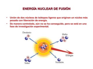 ENERGÍA NUCLEAR DE FUSIÓN
•
•

Unión de dos núcleos de isótopos ligeros que originan un núcleo más
pesado con liberación de energía.
De manera controlada, aún no se ha conseguido, pero se está en una
fase de investigación experimental.

 