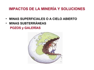 IMPACTOS DE LA MINERÍA Y SOLUCIONES
• MINAS SUPERFICIALES O A CIELO ABIERTO
• MINAS SUBTERRÁNEAS
POZOS y GALERÍAS

 