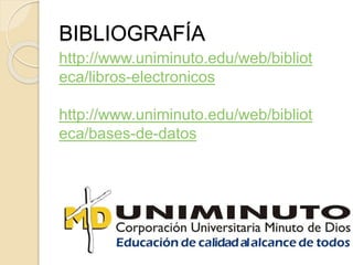 BIBLIOGRAFÍA
http://www.uniminuto.edu/web/bibliot
eca/libros-electronicos
http://www.uniminuto.edu/web/bibliot
eca/bases-de-datos
 