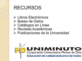 RECURSOS
 Libros Electrónicos
 Bases de Datos
 Catálogos en Línea
 Revistas Académicas
 Publicaciones de la Universidad
 