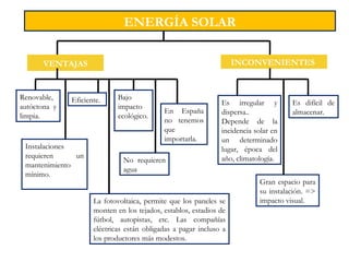 VENTAJAS
ENERGÍA SOLAR
Bajo
impacto
ecológico.
Renovable,
autóctona y
limpia.
INCONVENIENTES
Eficiente. Es irregular y
dispersa..
Depende de la
incidencia solar en
un determinado
lugar, época del
año, climatología.
En España
no tenemos
que
importarla.
Es difícil de
almacenar.
Instalaciones
requieren un
mantenimiento
mínimo.
No requieren
agua
Gran espacio para
su instalación. =>
impacto visual.La fotovoltaica, permite que los paneles se
monten en los tejados, establos, estadios de
fútbol, autopistas, etc. Las compañías
eléctricas están obligadas a pagar incluso a
los productores más modestos.
 