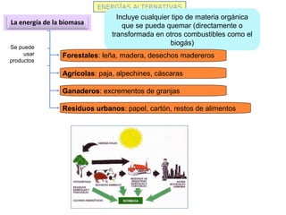 ENERGÍAS ALTERNATIVAS
La energía de la biomasa
Incluye cualquier tipo de materia orgánica
que se pueda quemar (directamente o
transformada en otros combustibles como el
biogás)
Forestales: leña, madera, desechos madereros
Agrícolas: paja, alpechines, cáscaras
Se puede
usar
productos
Ganaderos: excrementos de granjas
Residuos urbanos: papel, cartón, restos de alimentos
 