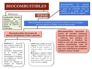 combustible líquido,
después de un
tratamiento más o
menos complicado, a
partir de cultivos o
plantas no
cultivadas
Biocombustibles de la primera generación: Se obtienen con tecnología y
procesos químicos sencillos, como la fermentación.
TIPOS
Biocombustibles de segunda
generación: combustibles fabricados
a partir de materiales ricos en
celulosa y a partir de algas,
actualmente difíciles de explotar .
Definición
Biocombustibles derivados de
plantas oleaginosas (colza y girasol)
EMHV (éster metílico de aceite
vegetal) se obtiene por reacción
el aceite de colza o girasol o el
aceite de residuos con alcohol
metílico.
Ácido graso + alcohol => éster
+ agua. Transesterificación donde
se obtiene EMHV y glicerina. Se
utiliza junto al gasóleo en una
proporción de 5-30% mezcla que
recibe el nombre de diéster.
Biodiesel => de aceite
puro vegetal, residuos de
cocina, semillas de colza
o girasol.
Se produce directamente
de la semilla tras
presionar y filtrar,
obteniéndose el biodiesel,
sin modificar se utilizan
para carburante.
Puede ser utilizado en
motores de biodiesel
modificados.
BIOCOMBUSTIBLES 
Biocombustibles obtenidos a
partir de alcohol (metanol,
etanol): Se obtienen a partir de
cultivos que pueden ser
fermentados a alcohol, los
cultivos son los que producen
azúcar (remolacha, caña de
azúcar) y los que dan almidón
que tras hidrolizarlo producen
también azúcar (trigo)
 