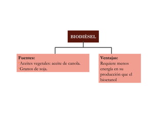 Ventajas:
Requiere menos
energía en su
producción que el
bioetanol
BIODIÉSEL
Fuentes:
Aceites vegetales: aceite de canola.
Granos de soja.
 