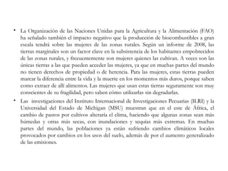  La Organización de las Naciones Unidas para la Agricultura y la Alimentación (FAO)
ha señalado también el impacto negativo que la producción de biocombustibles a gran
escala tendrá sobre las mujeres de las zonas rurales. Según un informe de 2008, las
tierras marginales son un factor clave en la subsistencia de los habitantes empobrecidos
de las zonas rurales, y frecuentemente son mujeres quienes las cultivan. A veces son las
únicas tierras a las que pueden acceder las mujeres, ya que en muchas partes del mundo
no tienen derechos de propiedad o de herencia. Para las mujeres, estas tierras pueden
marcar la diferencia entre la vida y la muerte en los momentos más duros, porque saben
como extraer de allí alimentos. Las mujeres que usan estas tierras seguramente son muy
conscientes de su fragilidad, pero saben cómo utilizarlas sin degradarlas.
 Las investigaciones del Instituto Internacional de Investigaciones Pecuarias (ILRI) y la
Universidad del Estado de Michigan (MSU) muestran que en el este de África, el
cambio de pastos por cultivos alteraría el clima, haciendo que algunas zonas sean más
húmedas y otras más secas, con inundaciones y sequías más extremas. En muchas
partes del mundo, las poblaciones ya están sufriendo cambios climáticos locales
provocados por cambios en los usos del suelo, además de por el aumento generalizado
de las emisiones.
 