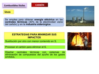 Combustibles fósiles CARBÓN
Usos
Se emplea para obtener energía eléctrica en las
centrales térmicas (30% de la electricidad viene
del carbón) y en la industria siderúrgica.
ESTRATEGIAS PARA MINIMIZAR SUS
IMPACTOS
Sustitución por otro con menor contenido en S.
Procesar el carbón para eliminar el S.
Diseñar centrales térmicas con sistemas de
eliminación de compuestos del azufre de los gases
emitidos.
 