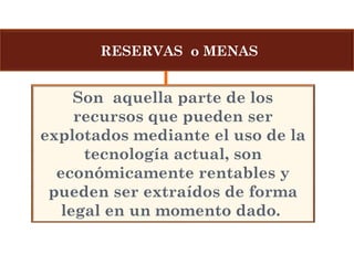 Son aquella parte de los
recursos que pueden ser
explotados mediante el uso de la
tecnología actual, son
económicamente rentables y
pueden ser extraídos de forma
legal en un momento dado.
RESERVAS o MENAS
 