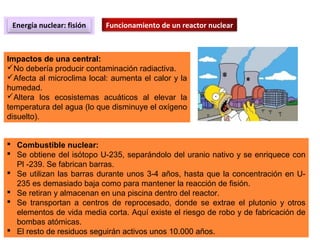 Energía nuclear: fisión Funcionamiento de un reactor nuclear
Impactos de una central:
No debería producir contaminación radiactiva.
Afecta al microclima local: aumenta el calor y la
humedad.
Altera los ecosistemas acuáticos al elevar la
temperatura del agua (lo que disminuye el oxígeno
disuelto).
 Combustible nuclear:
 Se obtiene del isótopo U-235, separándolo del uranio nativo y se enriquece con
Pl -239. Se fabrican barras.
 Se utilizan las barras durante unos 3-4 años, hasta que la concentración en U-
235 es demasiado baja como para mantener la reacción de fisión.
 Se retiran y almacenan en una piscina dentro del reactor.
 Se transportan a centros de reprocesado, donde se extrae el plutonio y otros
elementos de vida media corta. Aquí existe el riesgo de robo y de fabricación de
bombas atómicas.
 El resto de residuos seguirán activos unos 10.000 años.
 