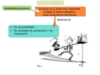 • Su accesibilidad.
• Su facilidad de extracción y de
transporte.
El precio es un factor muy importante
al elegir la fuente energética,
pues usaremos la más barata.
Rentabilidad económica
USO DE LA ENERGÍA
Depende de
 