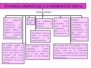 ENERGÍA HIDRÁULICA O HIDROELÉCTRICA
Los impactos
producidos
(construcción y
modificación del
régimen hídrico)
requiere un estudio
de impacto
ambiental (EIA).
El coste
económico es
muy elevado
inicialmente
pero no así el
mantenimiento.
No se ajusta bien a la demanda => las
horas nocturnas de bajo consumo se
invierte, parte de la electricidad
producida en bombear parte del agua
hacia el pantano con el fin de reutilizarla
posteriormente.
El embalse impide el
transporte de los
sedimentos hacia el mar,
por lo que afecta a la
evolución del litoral.
( deltas, playas,.. se ven
erosionadas y sin nuevos
aportes).
Inunda
valles
Los sedimentos
colmatan el
embalse
Transforma el sistema
fluvial en lacustre,
afectando a las
especies piscícolas
Inconvenientes
Produce
modificaciones del
microclima por
evaporación y
precipitaciones, lo
que puede ser
beneficioso o
perjudicial según la
zona.
La retención de los
sedimentos termina
colmatando los embalses,
por lo que tienen un
periodo de vida limitado.
 
