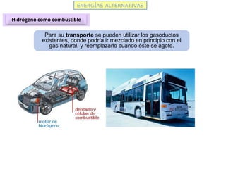 ENERGÍAS ALTERNATIVAS
Hidrógeno como combustible
Para su transporte se pueden utilizar los gasoductos
existentes, donde podría ir mezclado en principio con el
gas natural, y reemplazarlo cuando éste se agote.
 