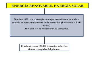 ENERGÍA RENOVABLE. ENERGÍA SOLAR
Octubre 2009 => la energía total que necesitamos en todo el
mundo es aproximadamente de 16 teravatios (1 teravatio = 1.1012
vatios)
Año 2020 => se necesitaran 20 teravatios.
El solo derrama 120.000 teravatios sobre las
tierras emergidas del planeta.
 