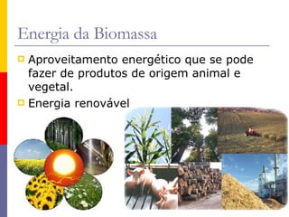Aproveitamento energético que se pode fazer de produtos de origem animal e vegetal. Energia renovável Energia da Biomassa 