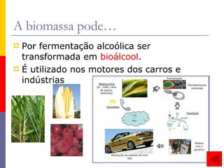 A biomassa pode… Por fermentação alcoólica ser transformada em  bioálcool . É utilizado nos motores dos carros e indústrias 