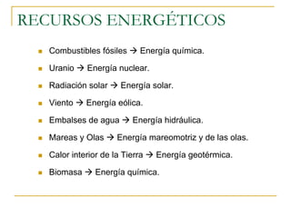 RECURSOS ENERGÉTICOS
   Combustibles fósiles      Energía química.

   Uranio    Energía nuclear.

   Radiación solar     Energía solar.

   Viento    Energía eólica.

   Embalses de agua       Energía hidráulica.

   Mareas y Olas      Energía mareomotriz y de las olas.

   Calor interior de la Tierra   Energía geotérmica.

   Biomasa      Energía química.
 
